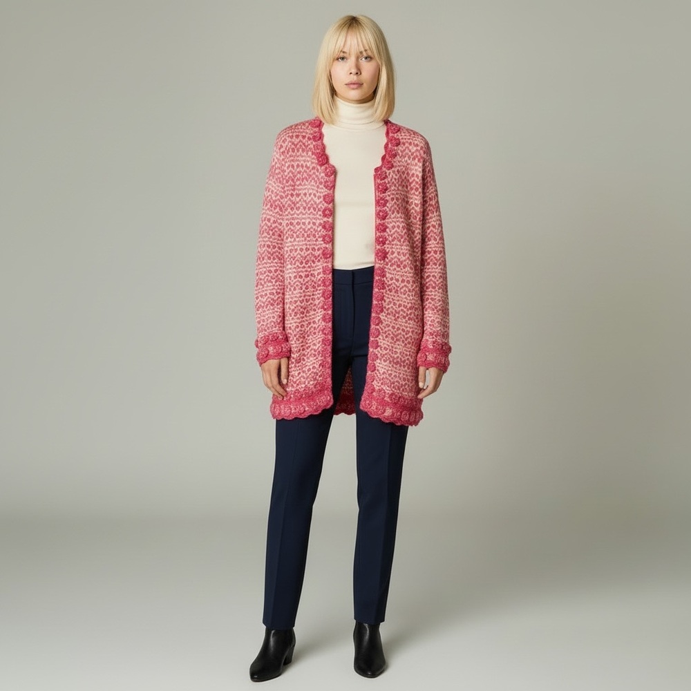Storybook Knits pink and white knit full zip cardigan